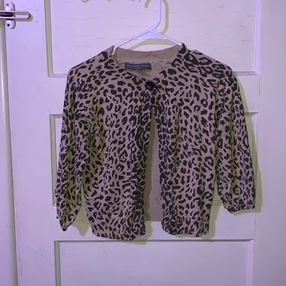 Josephine Chaus Preppy Petite Leopord Print Silk Blend Mini Cropped Cardigan - Picture 1 of 6